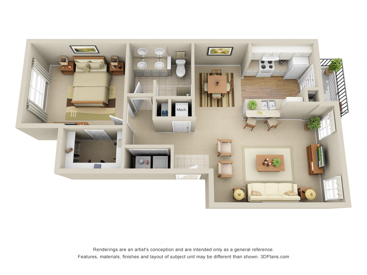 Floor plan for 1 bed, 1 bath, 839 sqft